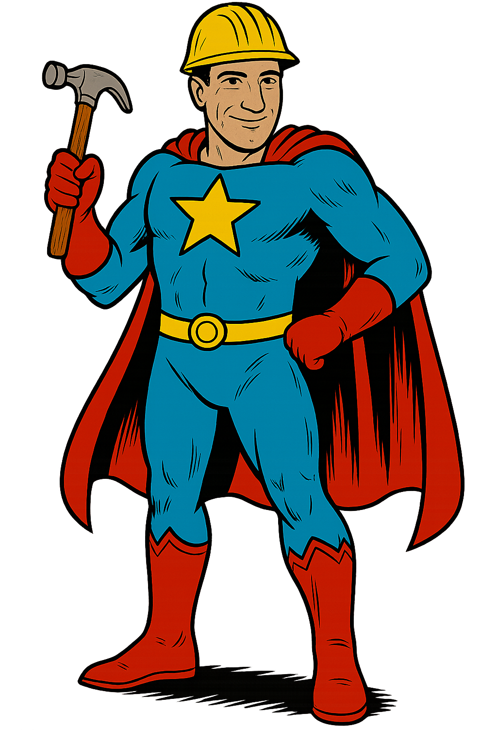 Handy Manthony, the superhero handyman, holding a hammer